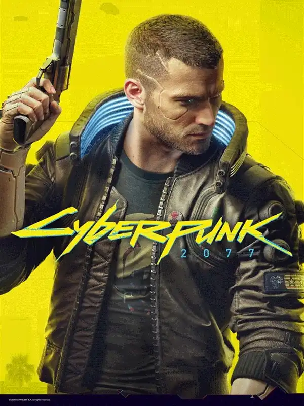 Cyberpunk 2077 game screenshot showing futuristic city, promotional image