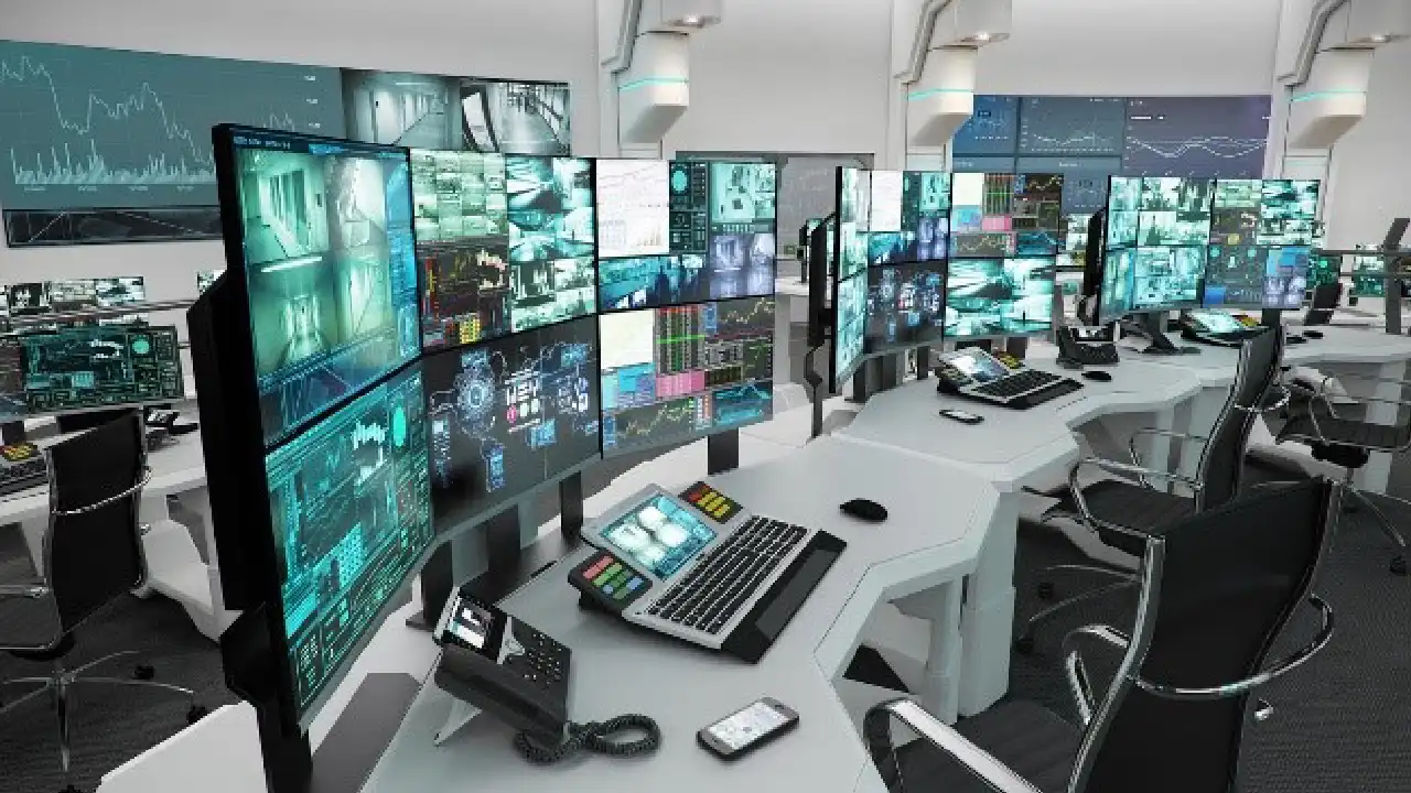 Network security operations center with multiple displays, technical photo